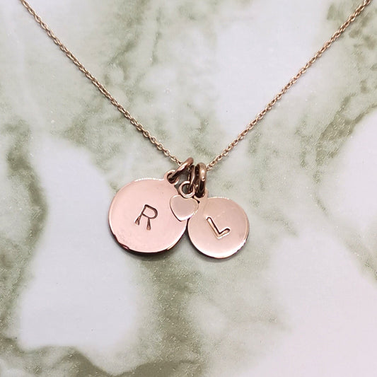 Handcrafted Rose Gold plated copper medallion Double Signet Disc with Heart Charm Necklace
