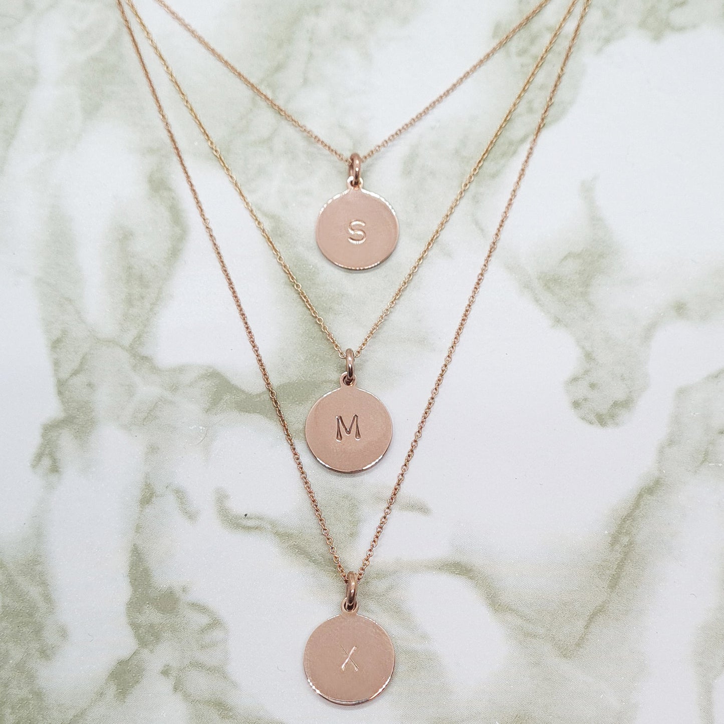 Handcrafted 3 x 12mm Signet Discs Layered Necklace Rose Gold plated copper medallion