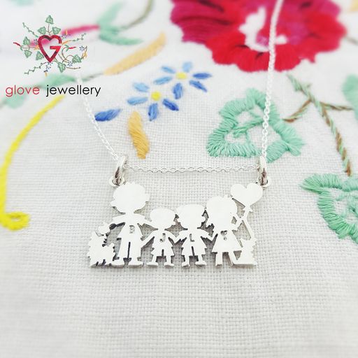 Handcrafted sterling silver family of 6 necklace