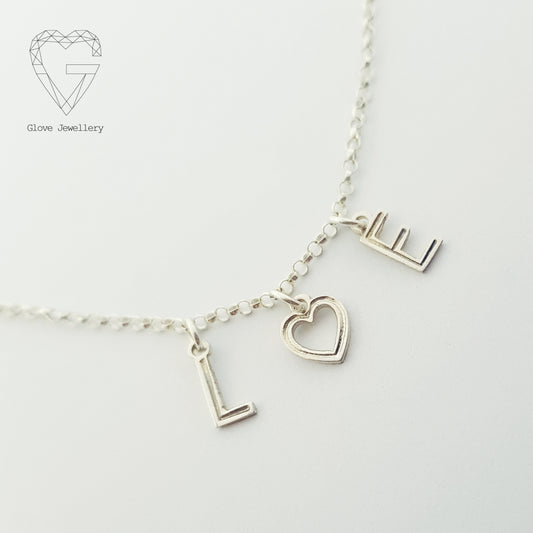 Handcrafted Sterling Silver 2 Bunting Initials and Heart Necklace